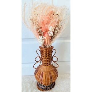 Vintage Ikebana 13” Wicker Bamboo Vase Urn With Straw Flower Bouquet